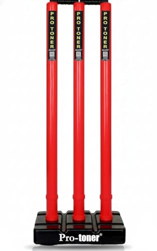 Pro-Toner Cricket Stumps Set, Red, with Base and 2 Bails, Professional Cricket Wicket Set
