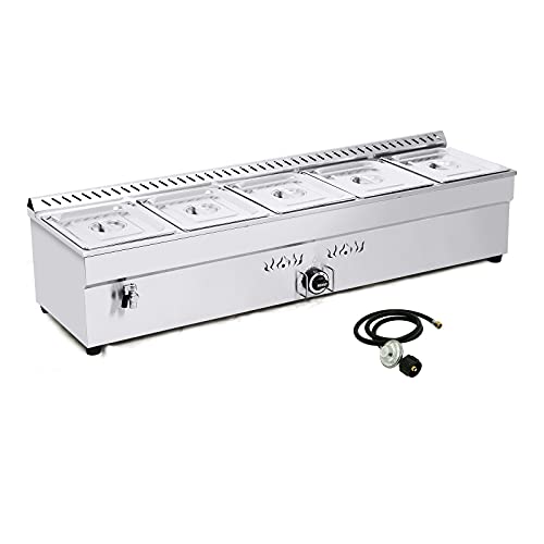 TECHTONGDA Propane Gas Food Soup Warmer Stove Bain Marie Commercial Canteen Buffet Steam Heater with Regulator Valve 12''x8.7''x4'' Pan 5 Pan