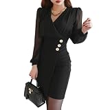 【グラシア】キャバドレス ミディアムドレス カシュクール ハイウエスト ワンピース キャバ嬢 長袖 Vネック 膝丈 レディース ブラック Lサイズ