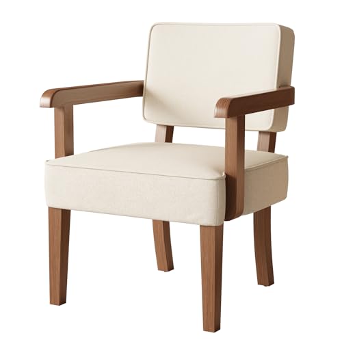 Image of Accent Chair Solid Wood Chairs, Living Room Chairs Office Guest Chair Mid-Century Modern Arm chair Brown Wooden Frame Beige Suede Comfort Soft Cushion Side Chair for Waiting Room Meeting Room