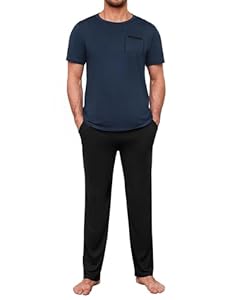 Uniexcosm Schlafanzug Herren Lang Zweiteiler Pyjama Set Rundhals Nachtwäsche Kurzarm Oberteil und Pyjamahose für Männer Marineblau M