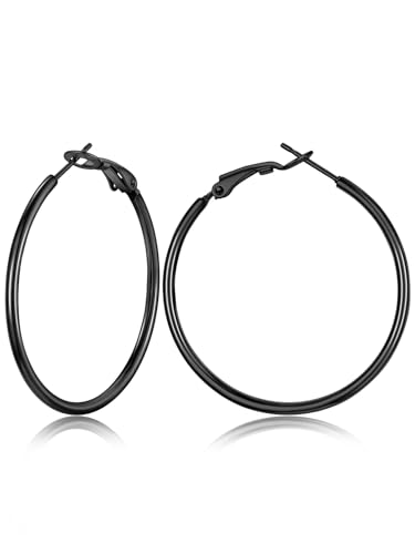 FOCALOOK Large Black Hoops 40mm Hypoallergenic Lightweight 2mm Thin Big Stainless Steel Hoop Earrings for Women
