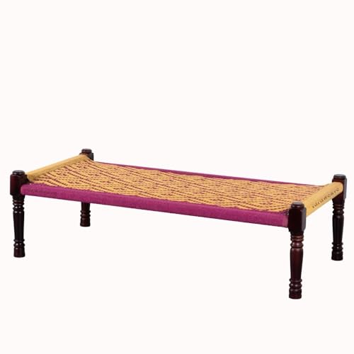 Image of Solid Sheesham Wood Charpai Khat | Handcrafted Daybed Khatiya Charpai with Cotton Rope | Traditional Khat Bed Wooden Diwan Cot for Living Room | 6X3 Feet | Yellow and Pink
