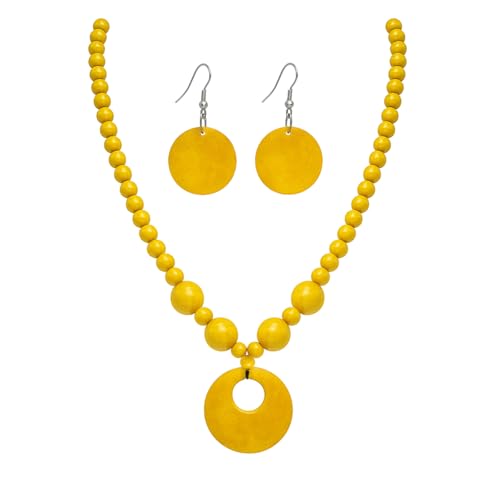 Vintage Wooden Round Beaded Choker Necklace Earrings Set Bohemian Multicolor Wood Beads Sweater Chunky Necklaces Geometric Ethnic Bib Costume Statement for Women Men Weeding Jewelry Gifts-Yellow