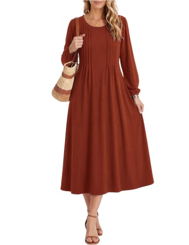 Image of Zeagoo Fall Dresses for Women Long Sleeve Midi Dress Casual A Line Dresses 2026 Pleated Flare Dress with Pockets