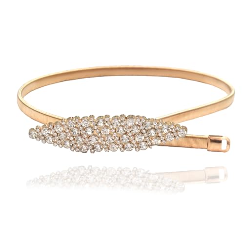 Gold Belt for Dress Women Dressy Thin Women's Rhinestone Skinny Metal Elastic Belt for Plus Size Curvy Formal Belt for Evening Dresses Waist Size 28