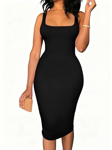 Image of TOPSRANI Women Sexy Midi Dress Bodycon Casual Sleeveless Basic Ruched Tank Summer Club Party Dresses