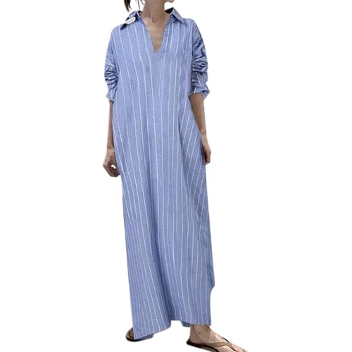 Vestidos para mujer, manga larga, a rayas, cuello en V, con botones, bolsillo en el pecho, diseño de flores nocturnas, vestido formal, azul, M