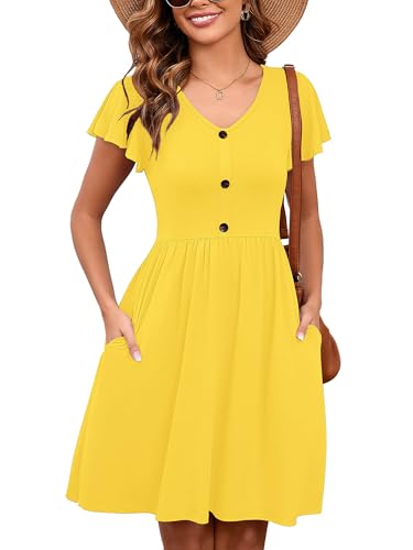 Image of Heymoments Women's Ruffle Sleeve V Neck Swing Sundress Summer Casual A-Line Midi Dress with Pockets S-2XL