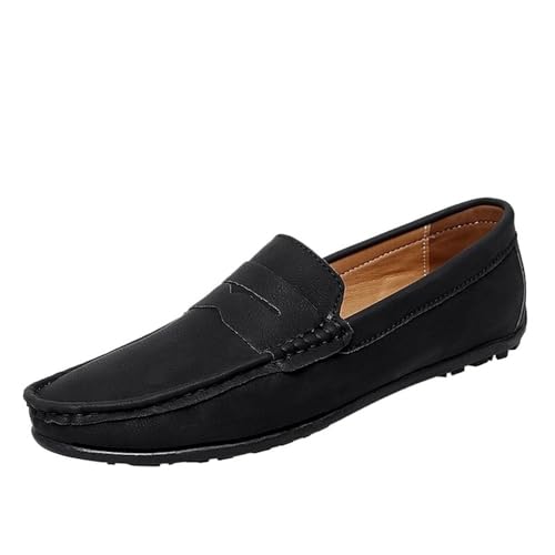 Mens Leather Loafers Slip On Driving Shoes Flat Heel Comfortable Walking Shoes Classic Solid Color Casual