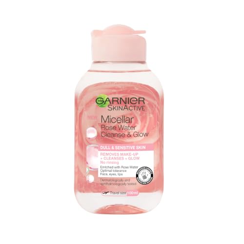 Garnier Micellar Rose Cleansing Water Gentle face Cleanser & Makeup Remover Hypoallergenic. Suitable For Dull And Sensitive Skin Glow Boosting Formula Dermatologically Tested 100ml