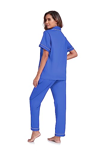 Image of COLORFULLEAF Women's 100% Cotton Pajamas Set Button Down Sleepwear Short Sleeve Shirt and Long Pants Soft Ladies Lounge Sets