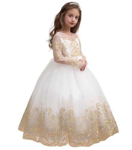 Fancy Flower Girl Dress for Wedding Kids Long Sleeves Lace Pageant Ball Gowns