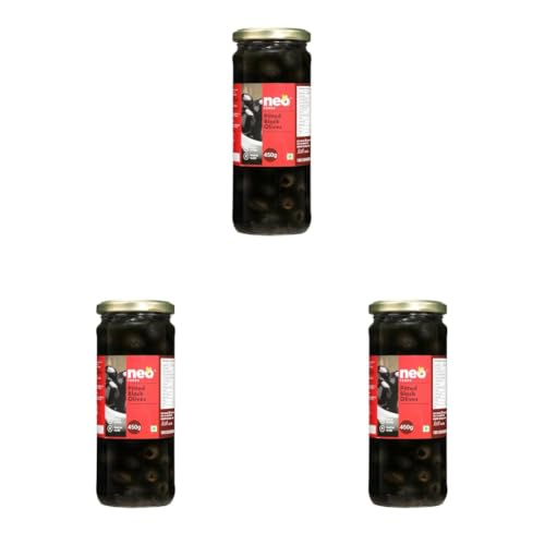 Image of Neo Pitted Black Olives 450g l 1 Jar l Low Fat Ready-to-Eat Healthy Snack, Source of Fibre l Enjoy as Topping for Pizza & Pasta l 450g (Pack of 3)