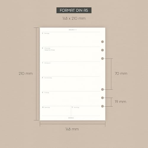 Kalendereinlagen 2026 | 1Woche2Seiten | DIN A5, 120g Naturweiß-Papier | für Ringbuch Organizer | Design Focus