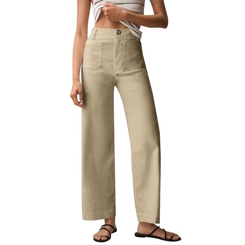 Women's Stretch Twill Cropped Pants Wide Leg Jeans Straight Leg Chino Pants Casual Ankle Jeans with Patch Pockets
