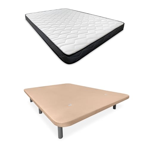 Somnia Descanso - Cama Completa con Colchón Versalles Reversible + Base Tapizada 3D Reforzada Color Beige con 6 Patas Metálicas Roscadas, 105 x 190