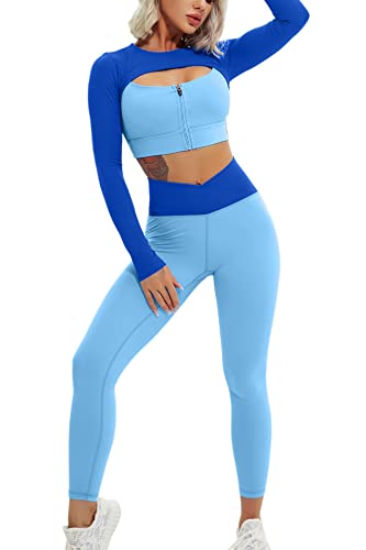 QINSEN Stretchy Yoga Pants Women Workout Exercise Outfits 2 Pieces Yoga GMY Shirts and Leggings Set Blue M