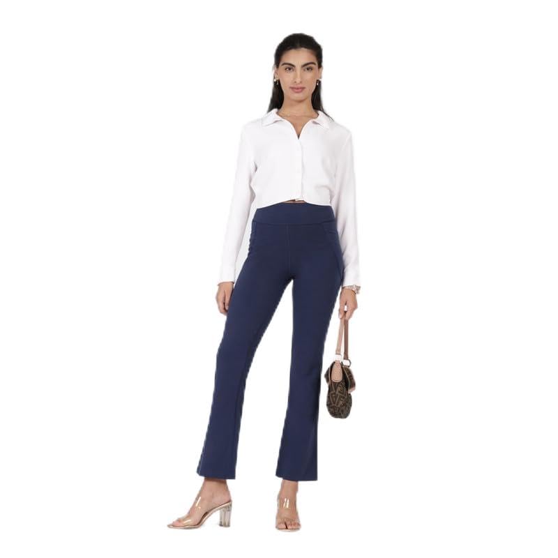 BlissClub AM:PM Cotton Flare Pants for Women Above 5’5 ft Tall | Wide Waistband, 4 Pockets | Bell Bottom Pants and high Waist Trousers for Office wear