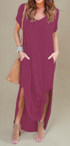 Image of GRECERELLE Women's Summer Maxi Dress Casual Loose V Neck Short Sleeve Side Split Long Dresses with Functional Pockets