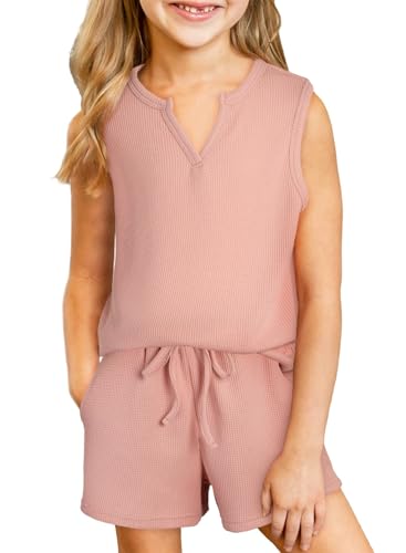 Image of blibean Girls Summer Clothes Set Kids Waffle Pockets Cotton Outfit Size 4-13 Years
