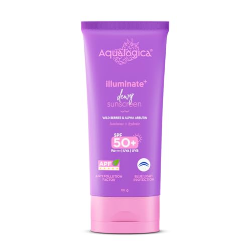 Aqualogica Illuminate+ Dewy Sunscreen SPF 50+ PA++++ with Wild Berries & Alpha Arbutin - 80 g | Broad Spectrum SPF 50+ PA++++ | UVA/B & Blue Light Protection | Anti-Pollution Factor (APF) Technology | In-Vivo Tested | Evens Skin Tone | Fragrance-Free & No White Cast | For Luminous & Sun Protected Skin