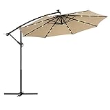 AECOJOY 10FT Patio Outdoor Umbrella with Solar Powered LED Cantilever Umbrella Hanging Market Umbrella Offset Umbrella with Cross Base, 24 LED Lights for Backyard, Beige