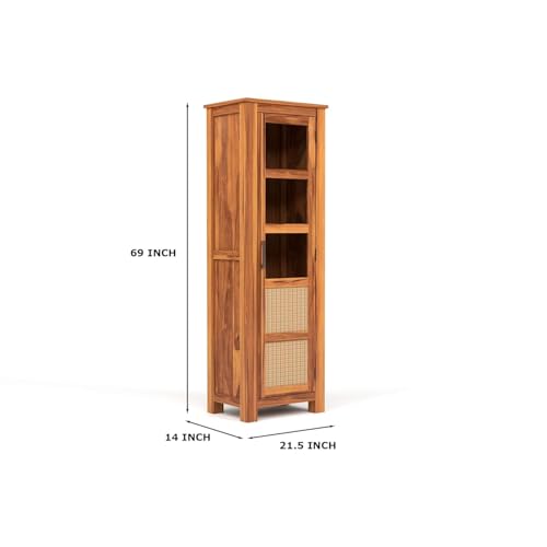 Image of Solid Sheesham Wood Bookshelf with Acrylic Glass Door | Rosewood Kitchen Cabinet with Storage Shelves for Dining Room & Office (B-Natural Finish)