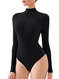 REORIA Women's Black Long Sleeve Bodysuits Turtleneck Mock Sexy Slim Double Lined Basic Layering Body Suits Shirt Tops Fall Winter Outfits 2024 Medium