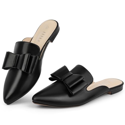 Image of MUSSHOE Mules for Women with Bow Knot: Pointed Toe Flats - Cloud-Cushion Suede Backless Loafers for Office & Casual Wear - Wide-Fit Friendly Slip On Slides with Memory Foam