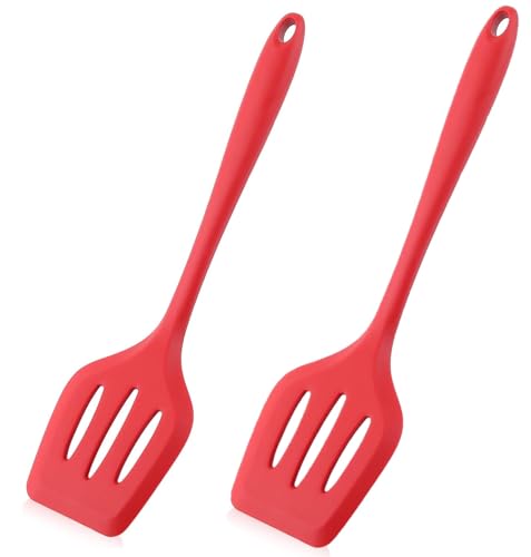 Image of Baskety Silicone Turner Spatula /Slotted Spatula, High Heat Resistant to 480F, Hygienic One Piece Design, Non Stick Rubber Kitchen Utensil for Fish, Eggs, Pancakes, Wok Red Pack of 2