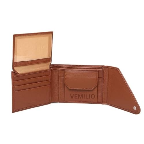 Image of VEMILIO Men's Vegan Leather Wallet for Men | Edge Cut Slim Bi-Fold Gents Purse | Stylish Wallet with Coin Pocket | 3 Card Slots | ID Window & 2 Currency Compartments (Tan)