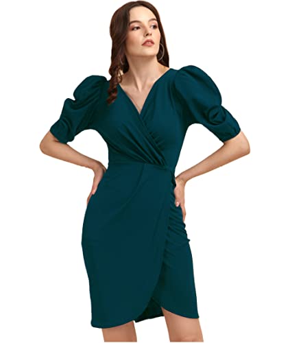 Image of Sheetal Associates Women's Puff Sleeve V-Neck Bodycon Casual Mini Dress