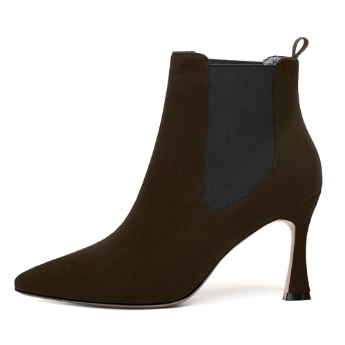 MERRORI Womens Slip On Suede Dating Quilted Pointed Toe Dress Spool High Heel Ankle High Boots 3.3 Inch2