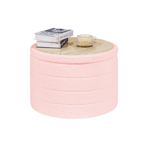 PINPLUS Ottoman with Storage, Foldable Round Ottoman Sherpa Stool with Tray, Boucle Foot Rest for Living Room, Bedroom, Dorm(Pink)