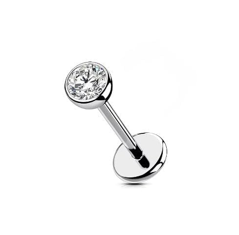 Image of 316L Surgical Steel Labret Stud with Clear CZ | Flat Back Screw-On Piercing Jewelry for Lip, Nose, Ear & Cartilage | Hypoallergenic 18G | Unisex Body Jewelry (2mm)
