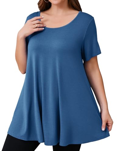 JollieLovin Women Plus Size Short Sleeve Summer Long Tunic Tops Loose Fit T-Shirt to Wear with Leggings(1X,Steel Blue)