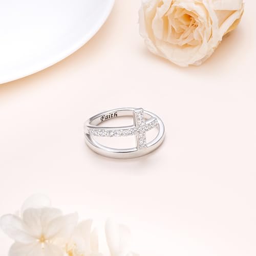 Cross Ring for Women 925 Sterling Silver Cubic Zirconia Fashion Band Faith Promise Rings for Her Mothers Day Gift for Wife Mom2