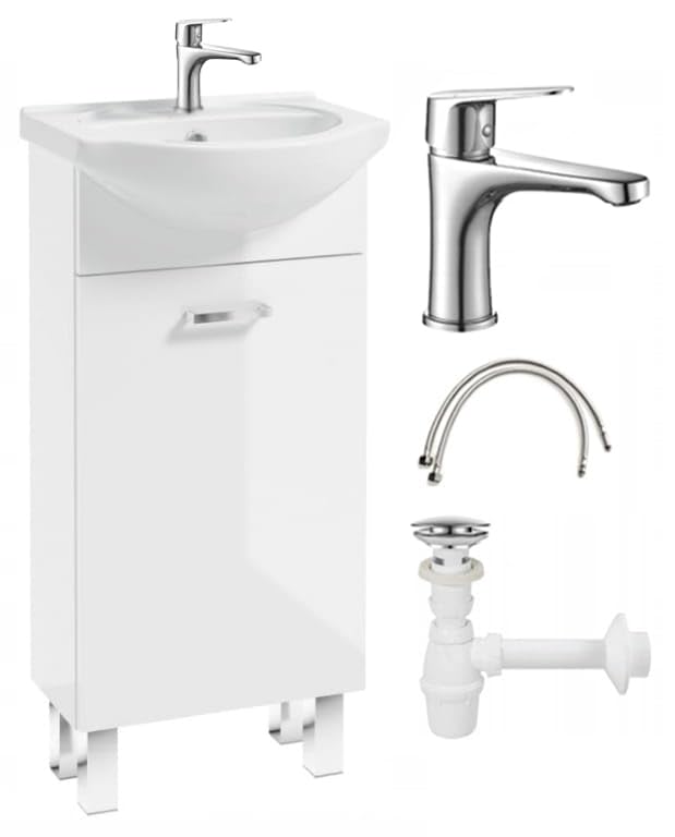 .Deftrans Badezimmerschrank mit Waschbecken und Waschtischarmatur, 40 x 84 x 20 cm weißer stehend Waschbeckenschrank kleine mit waschtischarmatur gäste wc