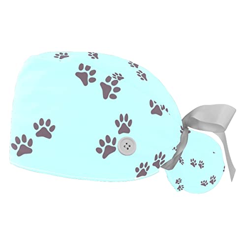 Colorful Dogs Pattern Scrub Hats for Women Long Hair, Working Cap with Button & Sweatband, Unisex Tie Back Hats 2 Packs