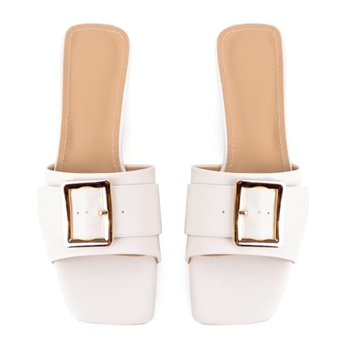 Image of Women's Slide Heeled Sandals Opened Square Toe Chunky Block Heel Slippers with Buckle Slip on Casual Comfortable Pumps