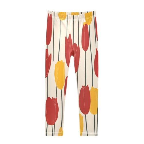 Toddler Girls Leggings Printed Yoga Pants Leggings Red and Yellow Tulips for Kids