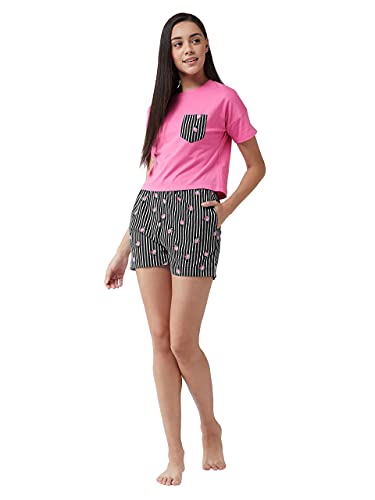 Image of Miss Chase Women's Blue Strawberry Printed Regular Length Drawstring Tie-Up Shorts