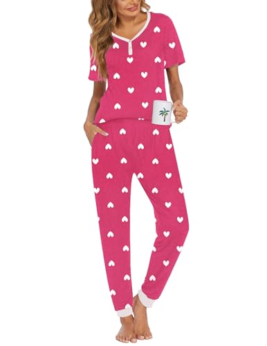 Image of Ekouaer Pajamas for Women Set 2 Piece Fall Lounge Sets Short Sleeve Pjs Joggers Long Pants Sleepwear with Pockets