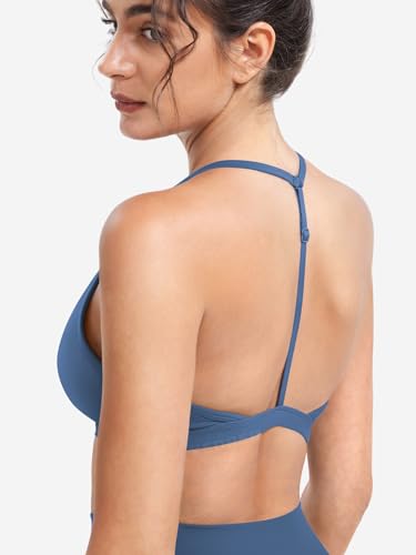 Image of YEOREO CoreFlex Sports Bras for Women Strappy Padded Halter Open Back Light Impact Deep V Neck Yoga Workout Gym Tops