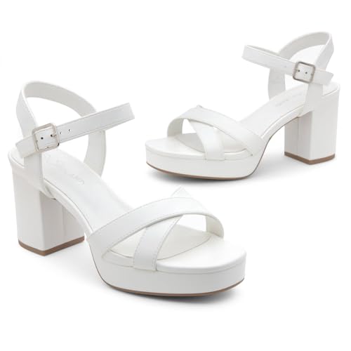 Image of Shoe Land Platform Heels for Women - 3 Inch Chunky Block Heeled Sandals, Square Open Toe, Ankle Strap Dressy Strappy High Heels for Wedding, Party & Evening Events