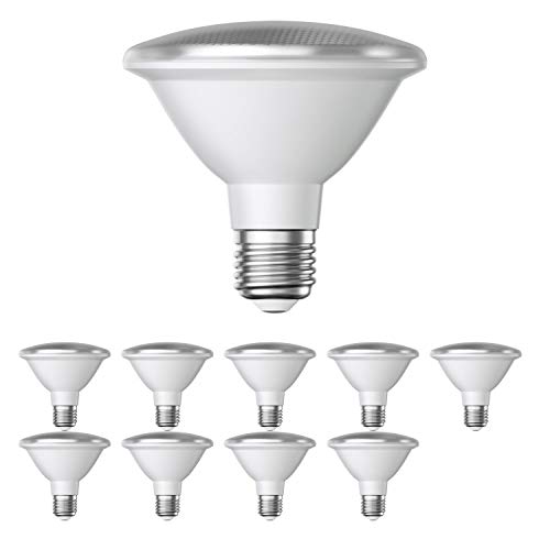ledscom.de Bombilla LED E27, PAR30 cuello corto, blanco cálido (2700K), 12,9W, 994lm, 42°, espejo reflector (plata), 10pcs Cover