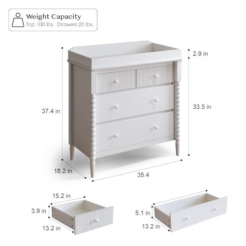 Image of JOINICE White Nursery Dresser with Changing Table, 4 Drawers for Storage | Jenny Lind Spindle Style Dresser and Removable Baby Changing Station Combo for Kids Bedroom, Anti-Tip Kit for Safety