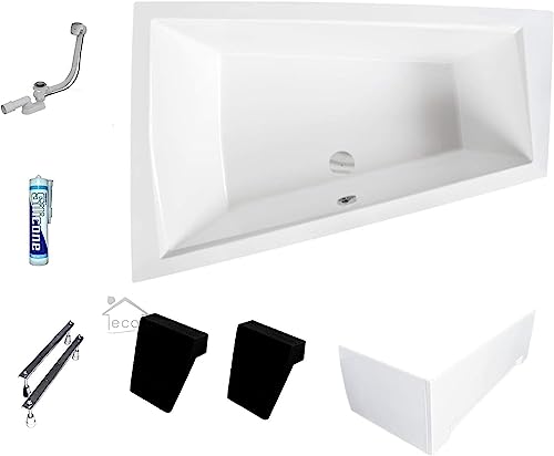 ECOLAM® Badewanne Intima Duo Eckwanne für Zwei 180x125 cm LINKS + Schürze aus Acryl + 2x Kopfstütze Ab- und Überlauf Automatik Füße Silikon Komplett-Set - PERFEKT FÜR ZWEI PERSONEN