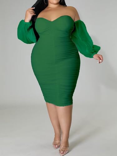Image of EDITCOZY Women Plus Size Dresses Curvy Off Shoulder Long Sleeve Cocktail Wedding Guest Bodycon Club Midi Dress Green 3XL